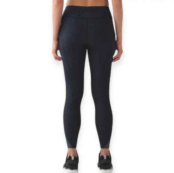 Lululemon Tight Stuff Tights II Leggings 25" in Navy with Silver Scallop Hem 4 - Picture 2 of 16